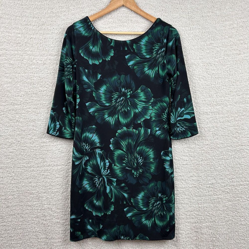 White House Black Market Dress Women's S Emerald Floral 3/4 Reversible MJ Shift